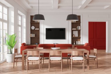 Ahşap mobilyaları, kırmızı aksanları ve geniş pencerelerden yayılan doğal ışığı olan zarif modern yemek odası. 3B Hazırlama