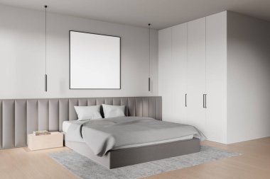 Duvarında boş bir poster olan modern bir yatak odası. İçinde yatak ve minimalist bir dekor var. Model ve iç tasarım konseptleri için mükemmel. 3B Hazırlama