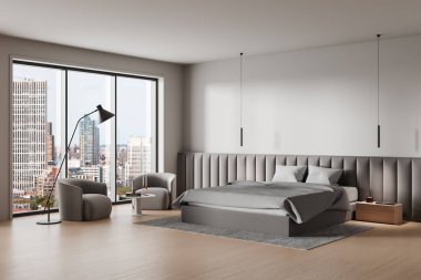 Şehir manzaralı modern yatak odası, parlak mobilyalar ve ahşap zeminde minimalist dekorlar. Modern yaşam kavramı. 3B Hazırlama