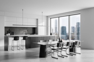 Şık dolapları, yemek masası ve bar tabureleriyle şehir manzarasına karşı modern mutfak. Minimalist dekor, parlak atmosfer. 3B Hazırlama