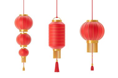 Beyaz arka planda, kutlama ve şenliği sembolize eden üç kırmızı ve altın rengi Çin feneri. 3B Hazırlama
