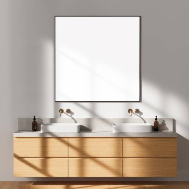 Tarafsız bir arkaplanda ahşap çekmeceleri olan modern bir lavabonun üstünde boş çerçeveli bir poster modeli. 3B Hazırlama