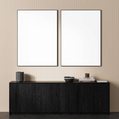 Siyah bir dolabın üzerine asgari çizgili duvar arkaplanı üzerine modern bir iç mekan konsepti sergilenen iki boş poster asıldı. 3B Hazırlama