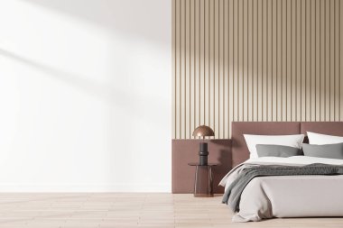 Şık yatak odası, yatak odası, lamba, çizgili duvar ve boş beyaz duvar. İç tasarım konsepti. 3B Hazırlama