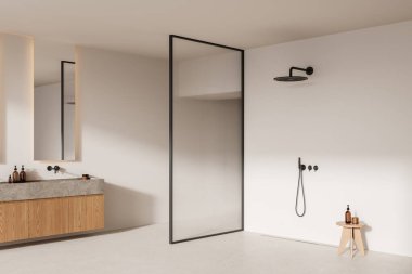 Minimalist banyoda siyah armatürler, ahşap kibir ve tarafsız bir arkaplanda aksesuarlar var. Modern tasarım konsepti. 3B Hazırlama