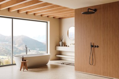 Serbest küvet, ahşap paneller ve manzaralı dağ manzarasını gösteren geniş pencereli modern bir banyo. Bej tonlu minimalist tasarım. 3B Hazırlama