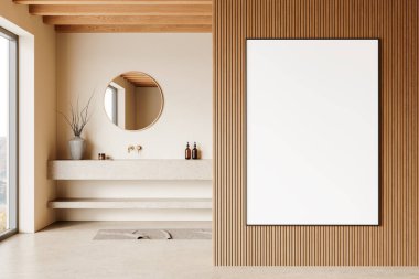 Modern bir banyonun ahşap duvarında minimalist dekorlu boş bir poster modeli. Yuvarlak ayna, tezgah ve doğal ışıklandırma dahil. 3B Hazırlama.