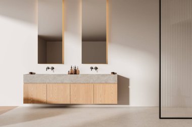 Modern bir banyo, açık renkli arka planda çift aynalı yüzen ahşap ve taş bir kibir sergiliyor. Minimalist tasarım konsepti. 3B Hazırlama