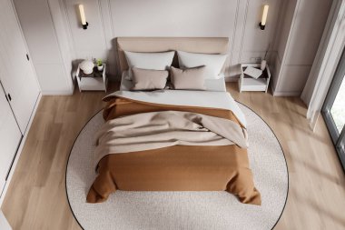 Bej ve kahverengi yatak odası, ahşap döşeme, beyaz duvarlar ve komodinli modern bir yatak odası. Sıcak ve rahat bir atmosfer. 3B Hazırlama