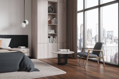 Büyük pencereli, şehir manzaralı, minimalist mobilyalar ve ahşap zemin ve şehir manzaralı rahat modern bir yatak odası. 3B Hazırlama