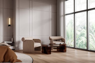 Minimalist oturma odasında bej sandalyeler, cam bir sehpa ve yerden tavana geniş pencereler var. Açık ahşap zemin. Modern ev tasarımı konsepti. 3B Hazırlama.