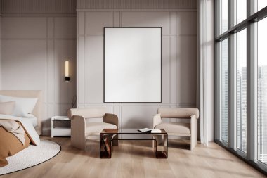 Duvarında boş çerçeveli bir poster olan minimalist oturma odası, iki modern sandalye, bir cam masa ve büyük bir pencere. Tarafsız ses tonları. 3B Hazırlama