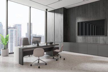 Minimalist ofis içi geniş pencereli, şehir manzaralı, modern mobilyalı, ve temiz, profesyonel bir atmosferi var. İş ortamı kavramı. 3B Hazırlama