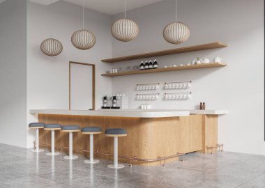 İçinde ahşap bir tezgah, tabureler, asılı ışıklar, raflar ve bardaklar olan modern bir kafe. Temiz ve modern tasarım. 3B Hazırlama