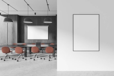 Ahşap paneller ve sandalyelerle dolu modern bir konferans odasının yanındaki beyaz bir duvara boş çerçeveli poster. Minimalist tasarım, temiz ofis içi. 3B Hazırlama