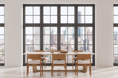 Elegant dining room interior with large windows overlooking a city skyline, featuring wooden chairs and a minimal table. Modern home design concept. 3D Rendering.