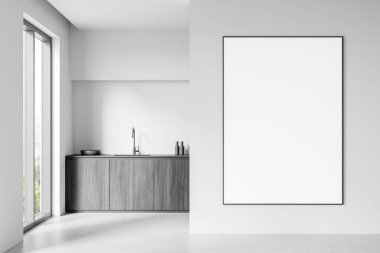 Dolapları, lavabosu ve dekor şişeleriyle gri minimalist mutfak. Penceresi olan parlak bir odanın duvarında büyük boş bir çerçeve. Modern ev tasarımı konsepti. 3B Hazırlama.