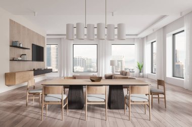Ahşap masası, sandalyeleri, kolye ışıkları ve büyük pencereleri olan şık bir yemek salonu. Şehir manzaralı modern minimalist iç tasarım konsepti. 3B Hazırlama
