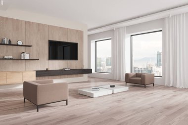 Hafif ahşap döşemeleri, bej koltukları, yüzen rafları ve büyük pencereleri olan zarif modern oturma odası. Tarafsız dekor konsepti. 3B Hazırlama