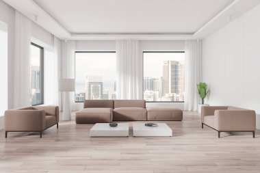 Minimalist iç mekan bej mobilyaları ve geniş pencereleri olan geniş bir oturma odası ve arka planda şehir silüeti gösteriyor. Modern tasarım konsepti. 3B Hazırlama