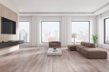 Kahverengi mobilyaları, ahşap döşemeleri ve büyük pencereleri olan parlak, minimalist bir oturma odası. Şehir manzarasında modern tasarım konsepti. 3B Hazırlama