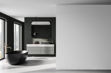 Sağında beyaz bir duvar olan modern bir banyo, siyah bir küvet ve yüzen bir kibir. Modelleme için minimalist tarz konsepti. 3B Hazırlama