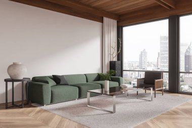Geniş, modern oturma odası yeşil kanepesi, ahşap tavanı, minimalist mobilyaları ve şehir manzaralı geniş pencereleri var. 3B Hazırlama.