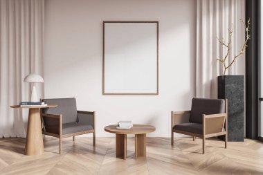Duvarında boş çerçeveli bir poster, ahşap mobilyalar ve tarafsız bir dekor olan minimalist oturma odası. Beyaz duvarlar, ahşap döşeme ve yumuşak ışıklandırma. 3B Hazırlama