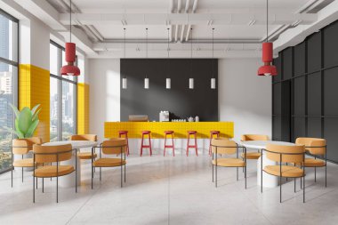 Sarı fayanslı barı, kırmızı taburesi ve kolye ışıkları olan çağdaş bir kafe. Minimalist masalar ve geniş pencereli sandalyeler. Şehir lokantası konsepti. 3B Hazırlama.