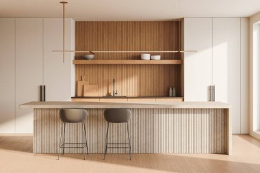 İçinde ahşap bir arka sıçrama, minimalist ada ve bar tabureleri olan modern bir mutfak. Işık dolu arka plan. 3B Hazırlama