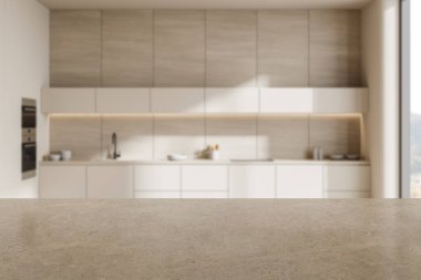 Ön planda taştan bir tezgah. Arka planda modern bir mutfak var. Ürün gösterimi ya da sunumu için ideal. 3B Hazırlama