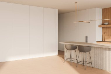 Büyük boş bir duvarı ve modern bir tezgahı olan minimalist bir mutfak. Doğal ahşap tonlar sakin bir atmosfer yaratır. 3B Hazırlama