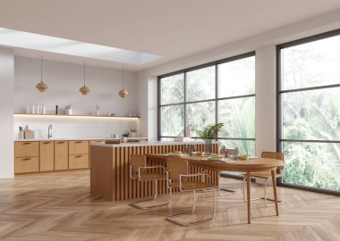 Geniş, modern bir mutfak içinde ahşap dolaplar, bir yemek masası ve büyük pencereler var. Doğal ışık odayı doldurur, temiz ve havadar bir dokunuş yaratır. 3B Hazırlama.