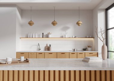 Modern kitchen interior with wooden cabinets, white tiled backsplash, and minimal decor. Natural light comes in through large windows, creating a cozy home feel. 3D Rendering. clipart