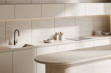 Modern mutfak iç mekan vitrinleri, yuvarlak bir tezgah ve minimalist dekorlar. Temiz ve parlak bir arkaplanda açık renkli tonlar. Ev tasarımı kavramı. 3B Hazırlama.