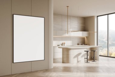 Modern bir mutfak duvarında boş çerçeveli bir poster modeli. Nötr tonlu, geniş pencereli ve minimalist dekorlu çağdaş mutfak tasarımı. 3B görüntüleme