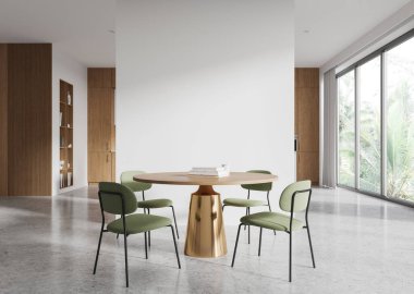 Yeşil sandalyeli ve minimalist, çağdaş iç dizaynlı altın tabanlı yuvarlak ahşap masalı modern bir yemek alanı. 3B Hazırlama