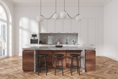 A contemporary kitchen with a marble island, wooden accents, and minimalist lighting. White cabinets and large windows complete the modern design concept. 3D Rendering. clipart