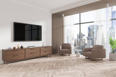 Geniş pencereli modern oturma odası, tarafsız koltuklar, ahşap konsol ve şehir silueti dışarıda. Çağdaş iç tasarım konsepti. 3B Hazırlama