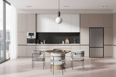 Minimalist dolapları olan modern bir mutfak, merkezinde yuvarlak bir yemek masası ve şehrin ufuk çizgisini gösteren büyük pencereler. Modern iç tasarım kavramı. 3B Hazırlama