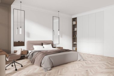 Minimalist yatak odası içinde bej yatak odası, ahşap masa, açık raflar ve modern ışıklandırma. Hafif tarafsız duvarlar, ahşap döşemeler. Ev konforu kavramı. 3B Hazırlama