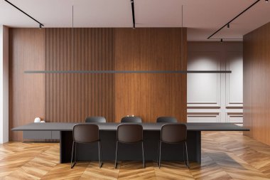 Modern minimalist toplantı odasında parlak koyu bir masa, siyah sandalyeler, ahşap paneller ve ringa kemiği parke döşemesi var. 3B Hazırlama