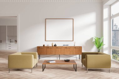 Bej kanepeleri, ahşap konsolu, sehpası ve büyük pencereleri olan modern bir oturma odası. Işık arka planında minimalist dekor. Çağdaş ev iç tasarımı kavramı. 3B Hazırlama.