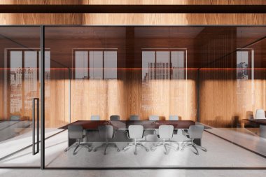 Cam duvarları, ahşap panelleri ve sandalyelerle çevrili uzun bir masa olan modern bir konferans odası. Odanın şehir manzaralı geniş pencereleri var. 3B Hazırlama