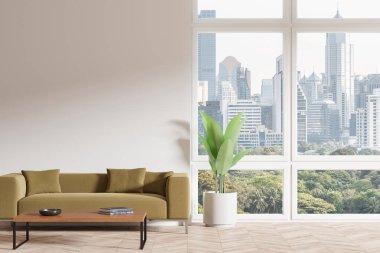 Yeşil kanepeli şık bir oturma odası, ahşap masa ve büyük pencerelerin önündeki saksı bitkisi şehir manzarası ve yeşillik sergiliyor. Modern, rahat bir yer. 3B Hazırlama.