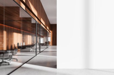 Cam bölmeleri, ahşap aksanları ve sandalyeleri olan modern bir ofisin yanındaki boş beyaz duvar modeli. Parlak ve minimalist düzen. 3B Hazırlama