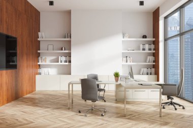 Masası, iki ofis sandalyesi, ahşap rafları, parlak büyük pencereleri ve ahşap döşemeleri olan modern bir ofis. Profesyonel çalışma alanı kavramı. 3B Hazırlama.