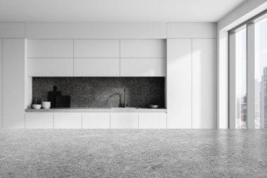 Beyaz dolaplı, bulanık, modern bir mutfağın önünde ürün gösterimi için gri taş tezgah modeli. Mutfak reklamı konsepti. 3B Hazırlama