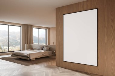 Büyük pencereli, modern bir yatak odasındaki ahşap bir duvarda büyük çerçeveli boş bir poster modeli. Tarafsız tonlu minimalist bir sahne. 3B Hazırlama