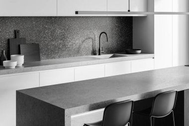 Gri tezgahlı, beyaz dolaplı, siyah sandalyeli minimalist modern mutfak. Koyu desenli arka sıçrama. Tasarım konsepti. 3B Hazırlama